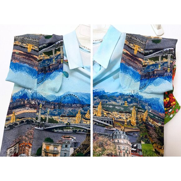 Alice + Olivia Willa Emily in Paris Eiffel Tower Shirt Blouse Silk Floral M - Picture 15 of 16